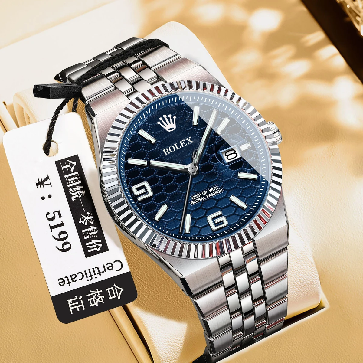 ROLE_X High Quality Original Men Clock Waterproof Luminous Date Luxury Man Watch Stainless Steel Quartz Men's Watches Male+Box- Blue