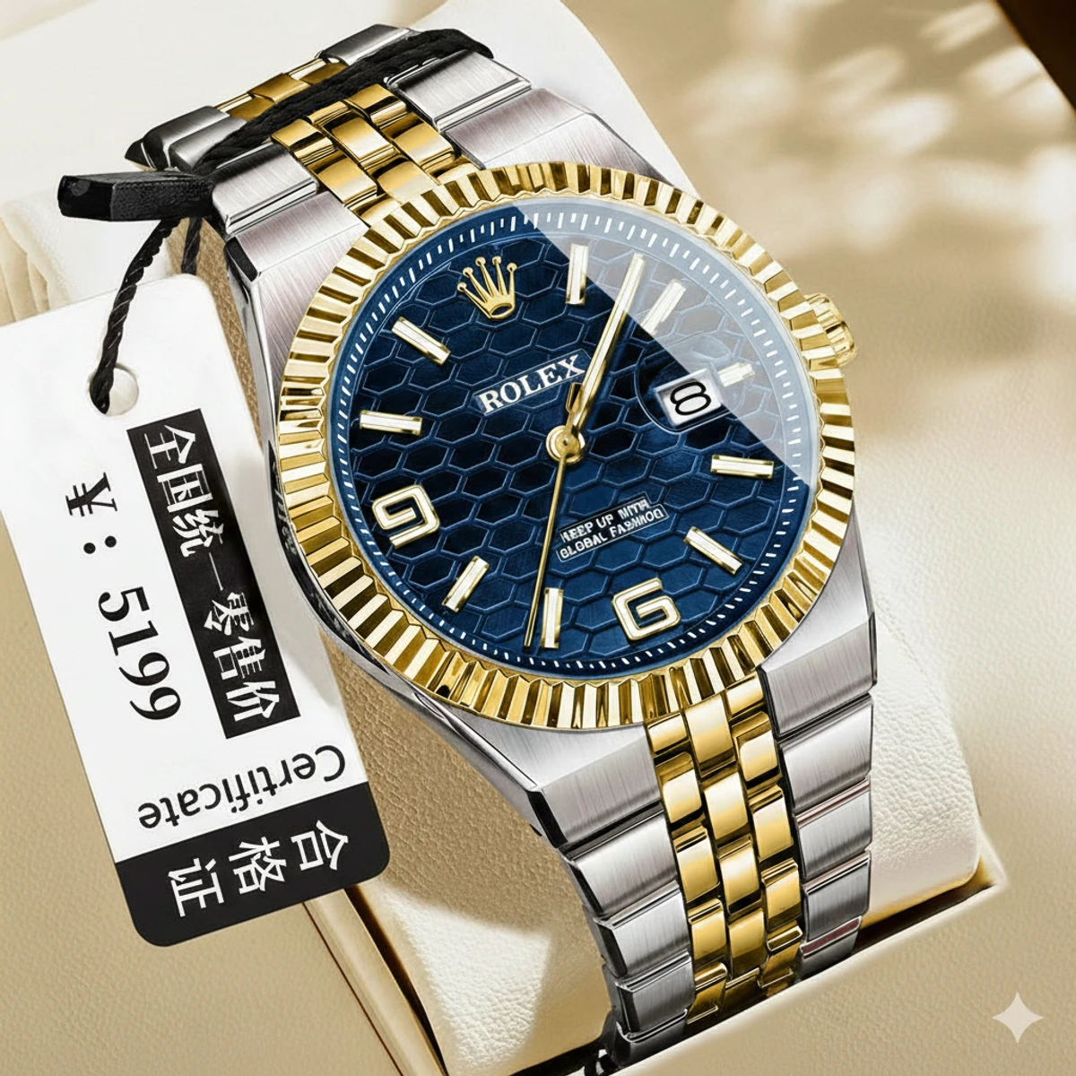 ROLE_X High Quality Original Men Clock Waterproof Luminous Date Luxury Man Watch Stainless Steel Quartz Men's Watches Male+Box- Blue & Golden