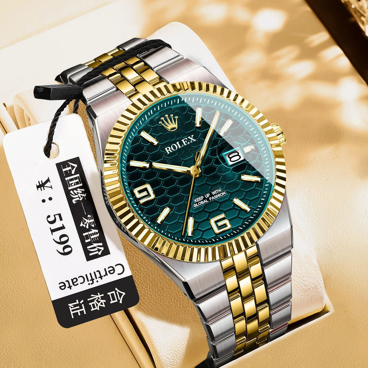 ROLE_X High Quality Original Men Clock Waterproof Luminous Date Luxury Man Watch Stainless Steel Quartz Men's Watches Male+Box- Green & Golden