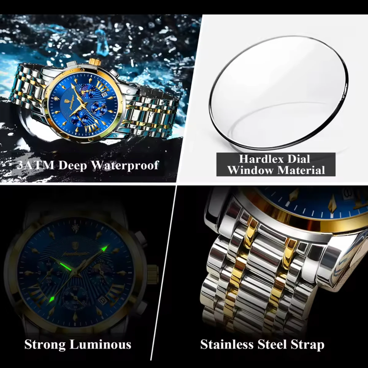 POEDAGAR 813 POEDAGAR Luxury Fashion Watch Men Waterproof Luminous Date non active Chronograph Watches Man Quartz Military Stainless Steel Men's Watches- Blue & Golden