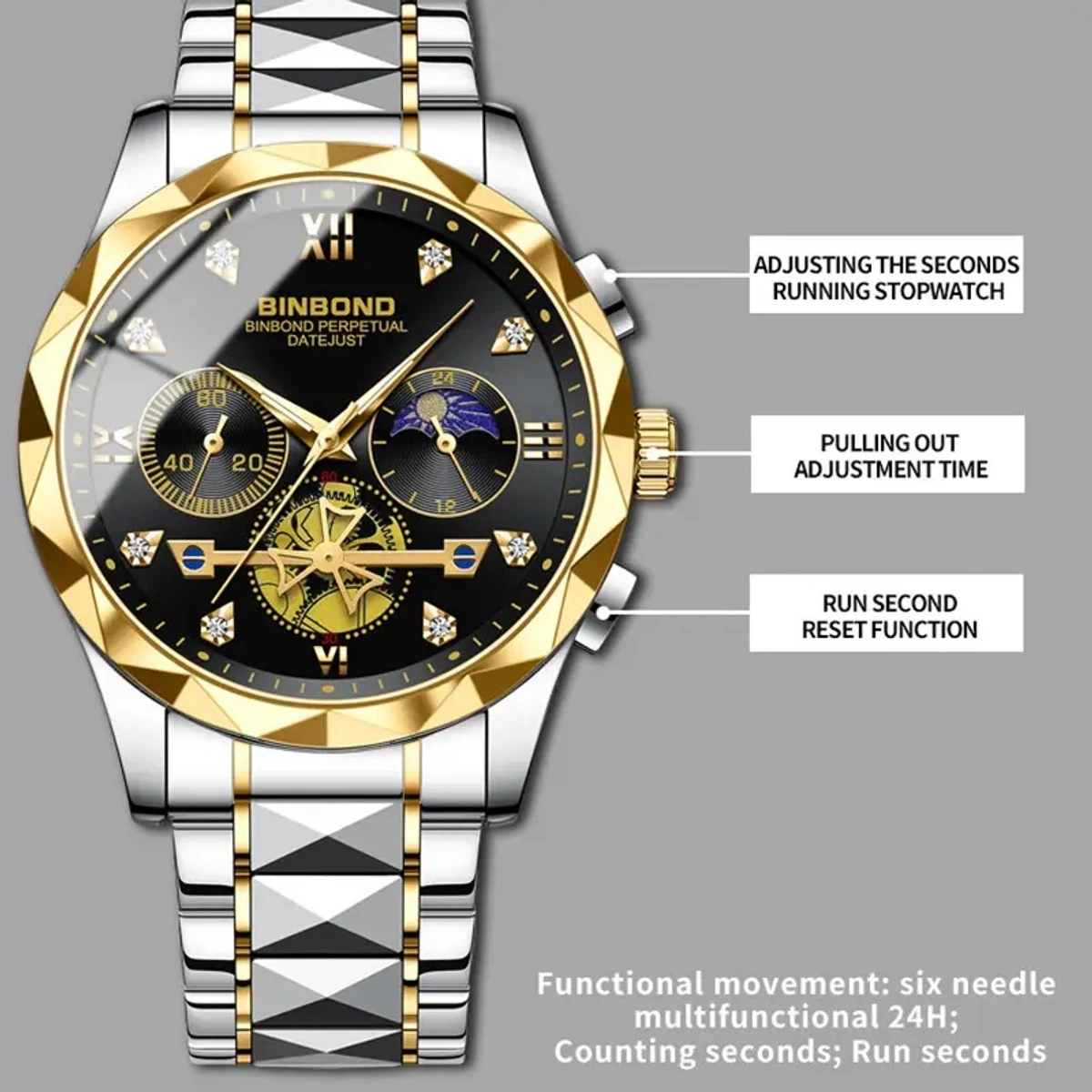 New Luxury Diamond Watch For Men Stainless Steel Waterproof Chronograph Luminous Date Business Sport Wristwatches- Golden
