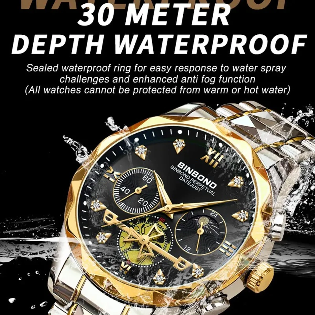New Luxury Diamond Watch For Men Stainless Steel Waterproof Chronograph Luminous Date Business Sport Wristwatches- Golden