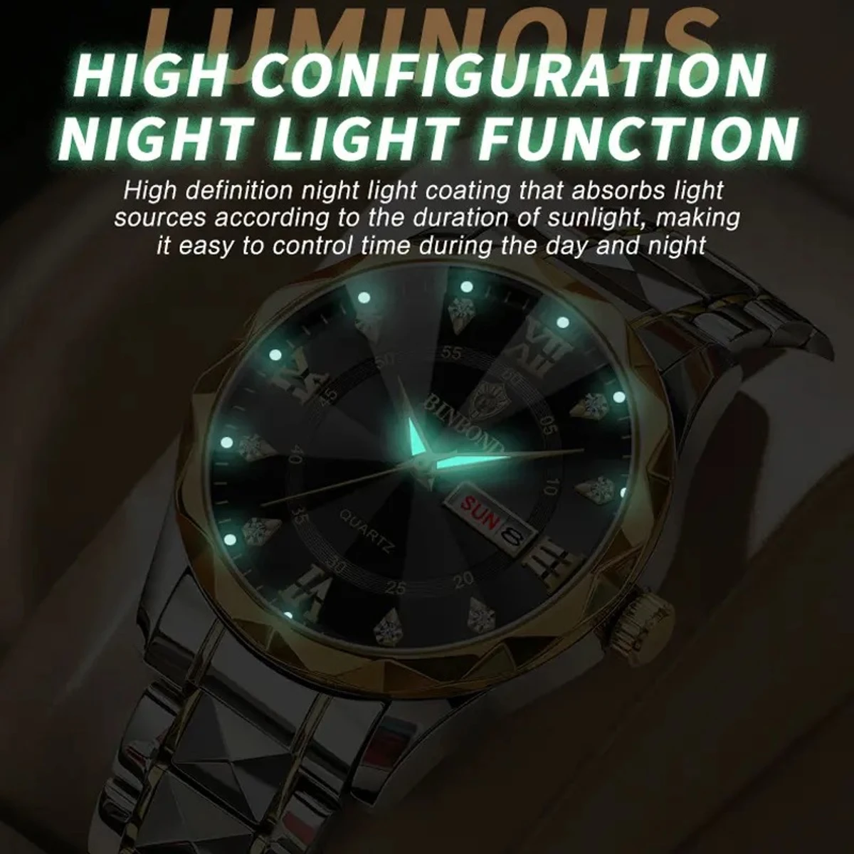Luxury Binbond authentic men's watch waterproof night light dual calendar watch men's quartz watch diamond ceiling glass- Blue & Golden