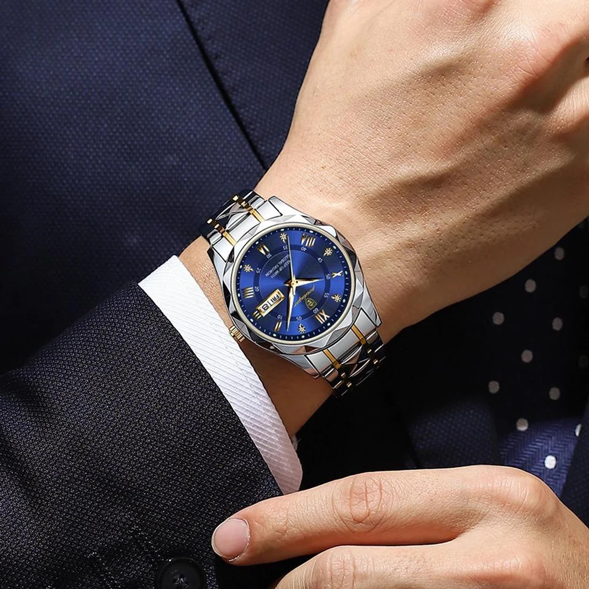 POEDAGAR Brand Fashion Mens Watch Luxury Top Business Stainless Steel Waterproof Wristwatches Male Sport Luminous Date Man Clock- Blue