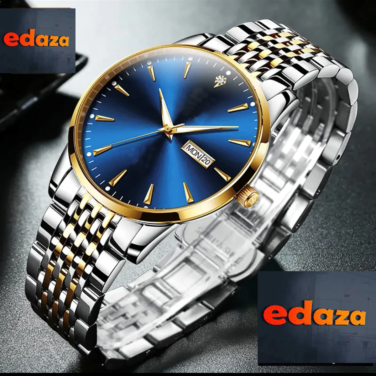 ORUSS Original Swiss Luxury Stainless Steel Waterproof Watch Men's Calendar Luminous Simple Trendy Korean Version Quartz Wrist-Silver & Blue