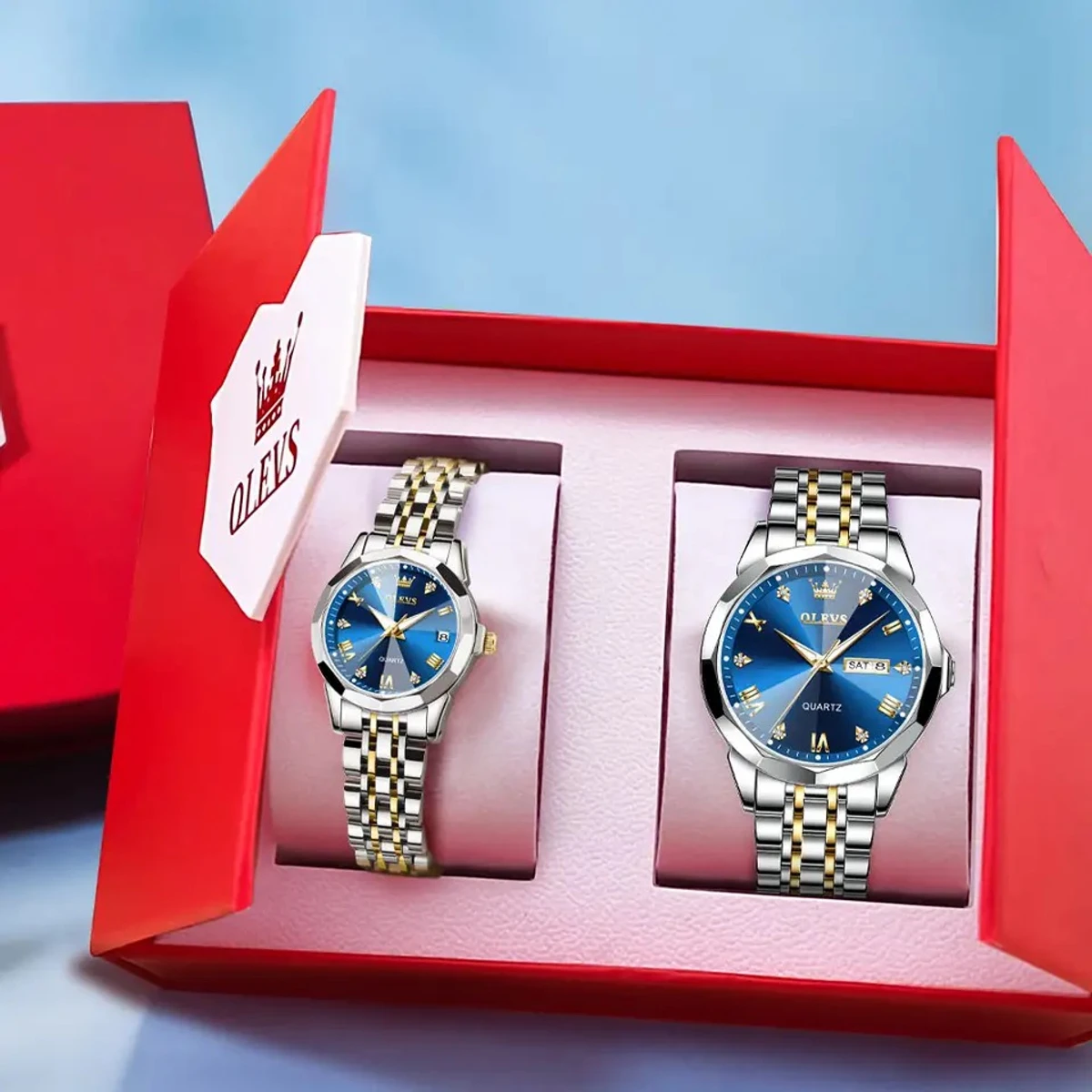 2025 New Luxury OLEVS Watch for Men Stainless Steel Waterproof Watches Combo- BLUE