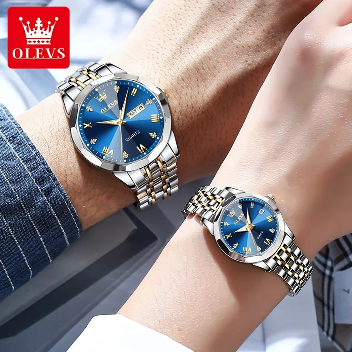 2025 New Luxury OLEVS Watch for Men Stainless Steel Waterproof Watches Combo- BLUE
