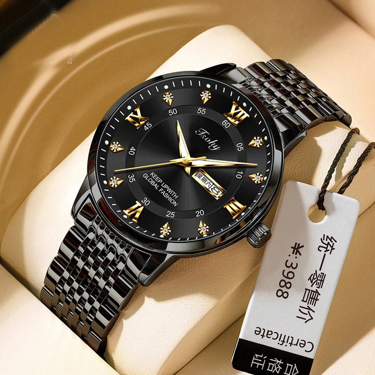 Luxury ISOHY authentic men's watch waterproof night light dual calendar watch men's quartz watch ceiling glass- Black