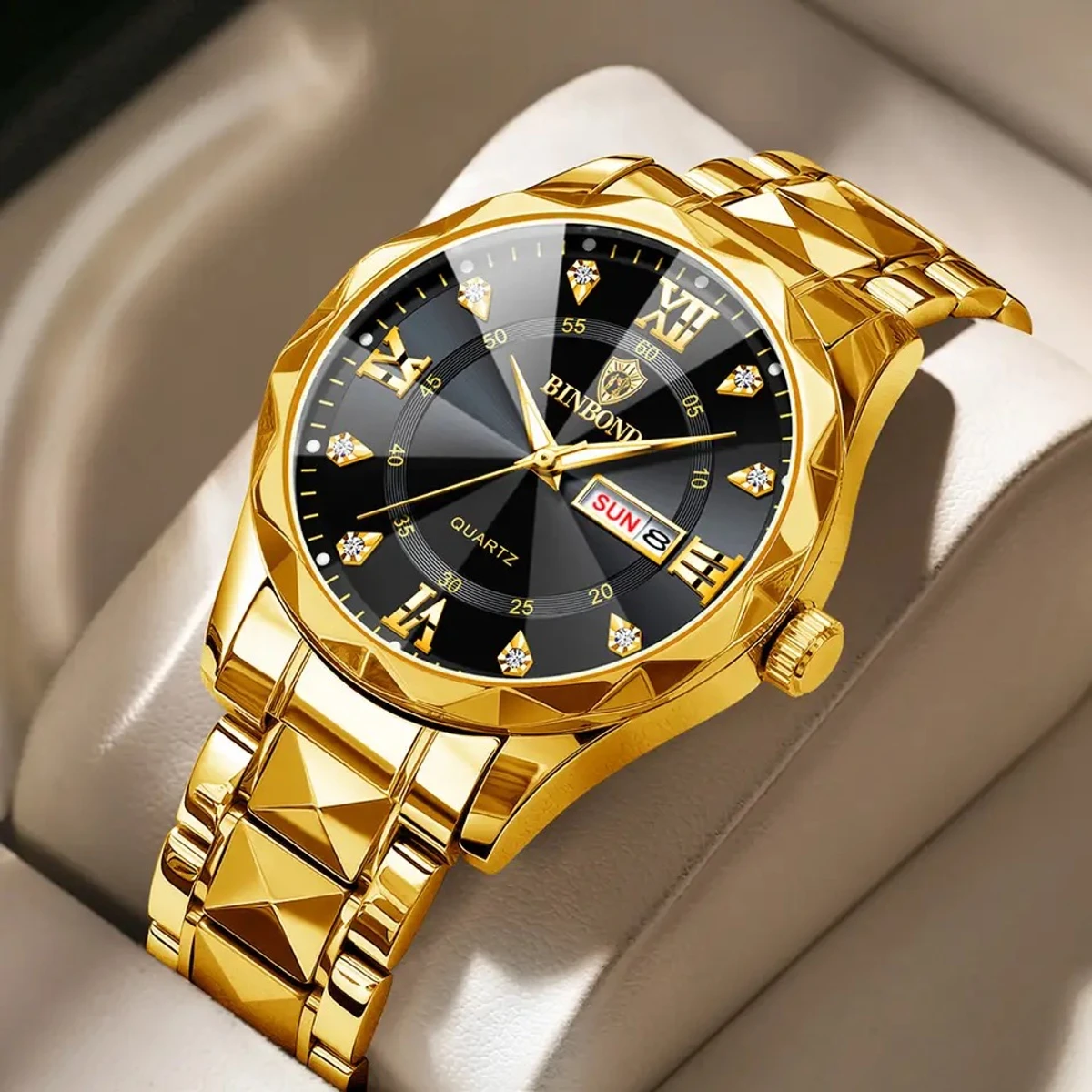 Luxury Binbond authentic men's watch waterproof night light dual calendar watch men's quartz watch diamond ceiling glass- Black & Golden