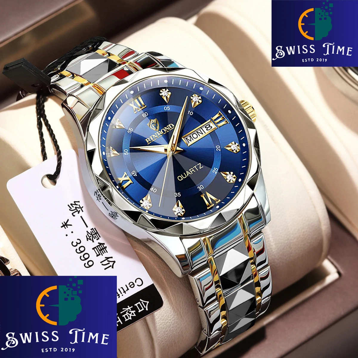 Luxury Binbond authentic men's watch waterproof night light dual calendar watch men's quartz watch diamond ceiling glass- Blue