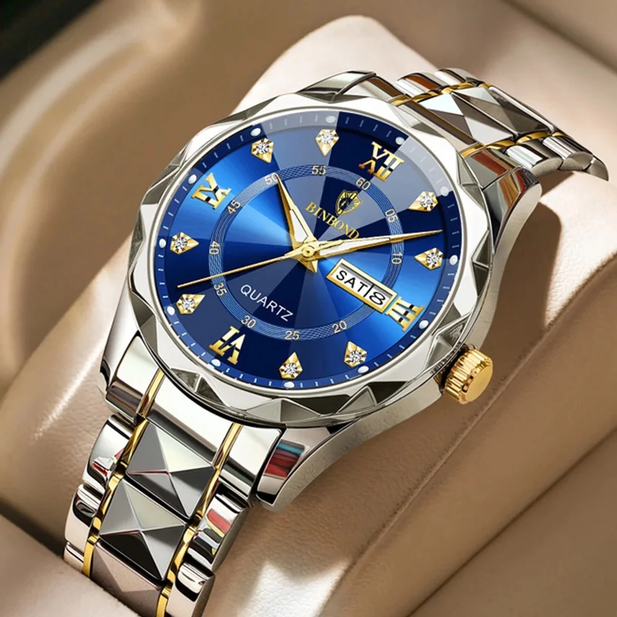 Luxury Binbond authentic men's watch waterproof night light dual calendar watch men's quartz watch diamond ceiling glass- Blue