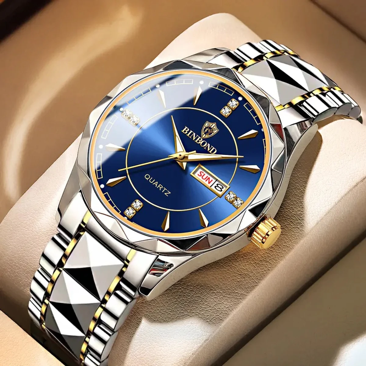 Binbond Luxury Men Watches Business Top Brand Man Wristwatch Waterproof Luminous Date Week Quartz Men's Watch High Quality+Box- Blue