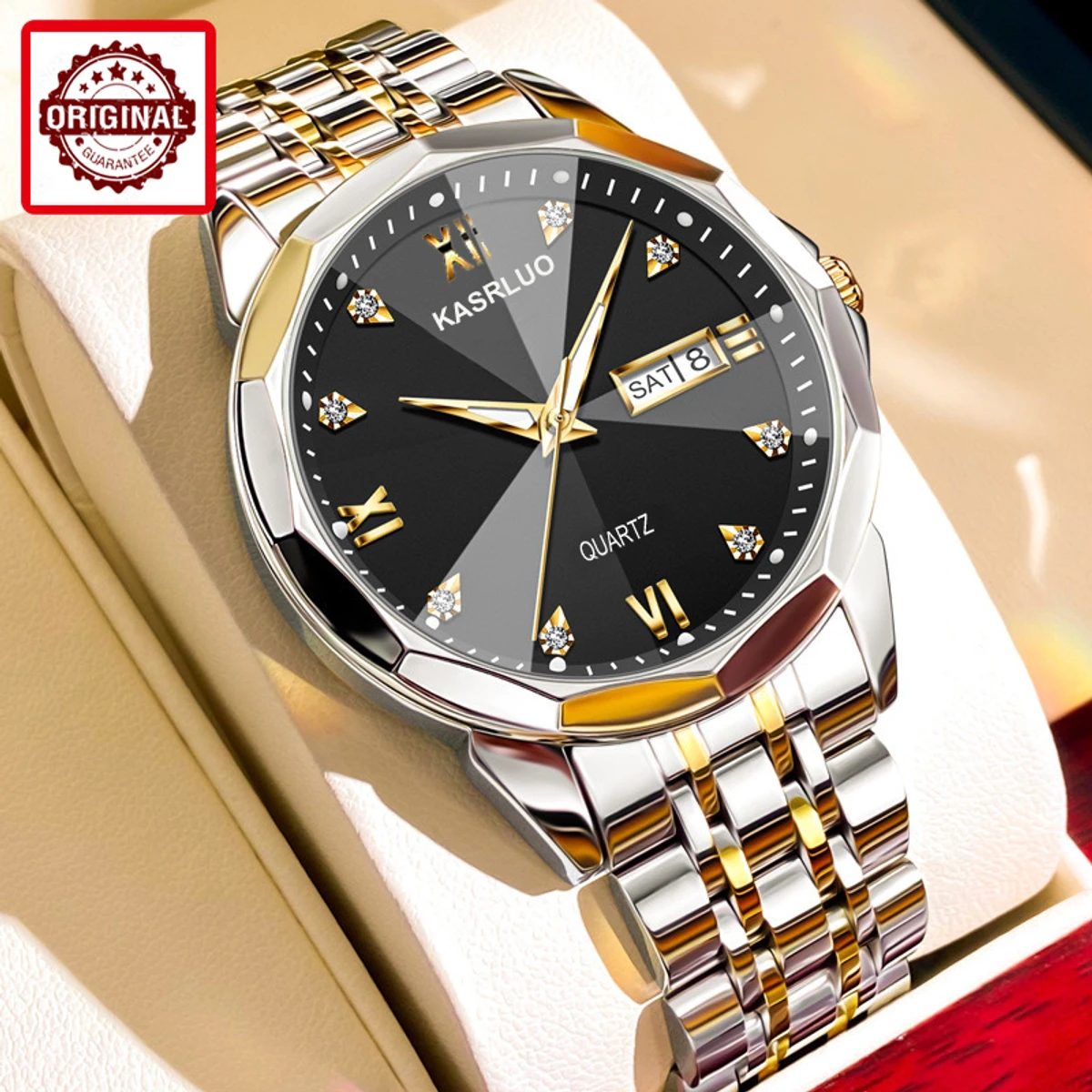 KASRLUO New Fashion Quartz Watch for Men Stainless Steel Waterproof Luminous Date  Mens Watches Top Brand Luxury Clock- Silver & Black