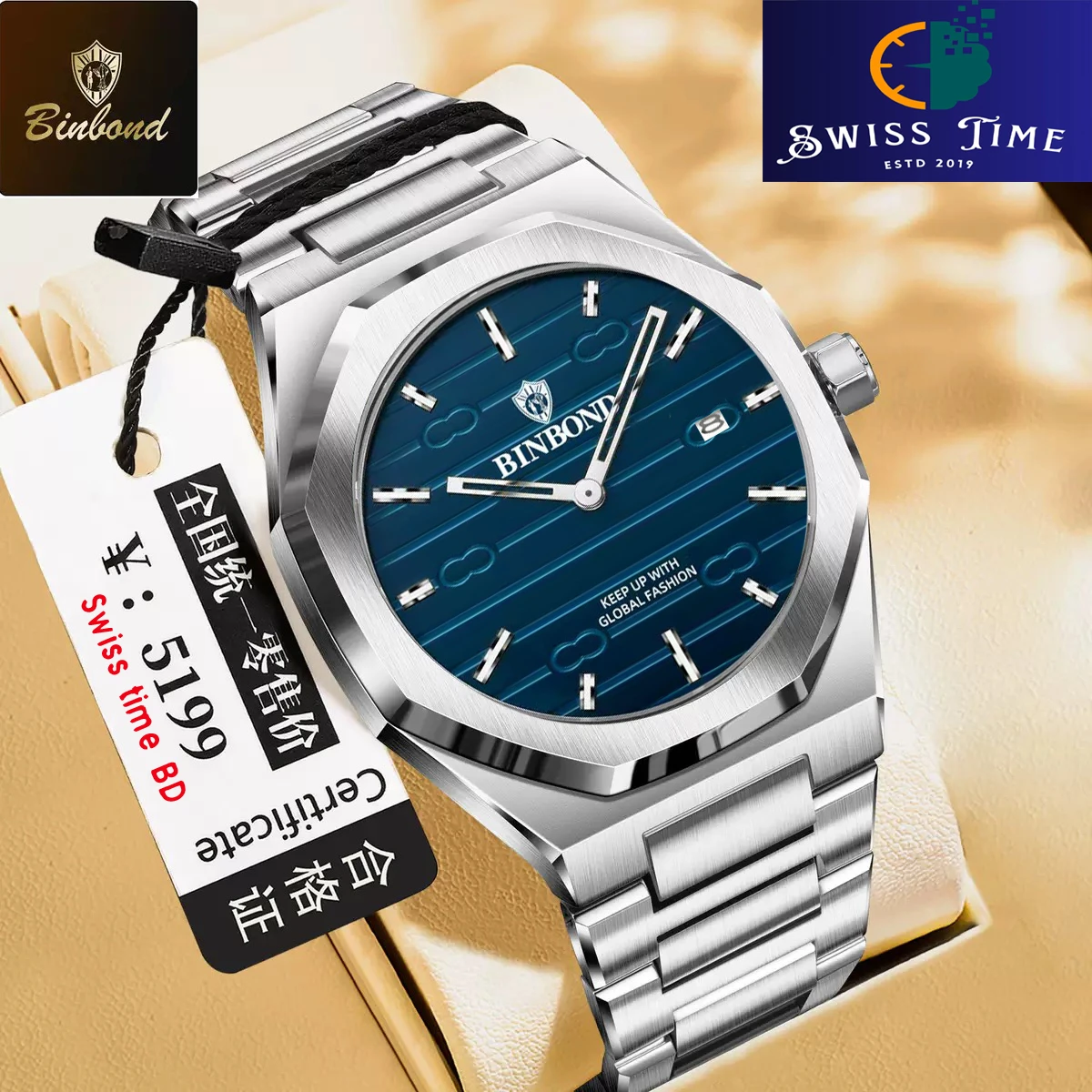 BINBOND 818 Brand Casual Men's Quartz Watch Octagonal Waterproof Night Light Luxurious And Fashionable Men's Quartz Watch Silver & Blue