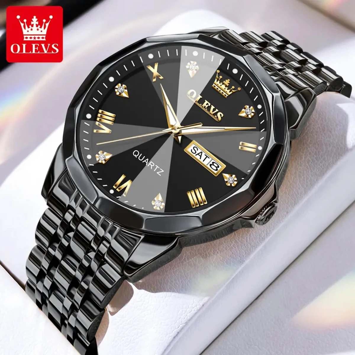 OLEVS 9931 Quartz Watch For Men Rhombus Mirror Stainless Steel Waterproof Date Week Clock Simplicity Luxury Men's Wristwatch- Black