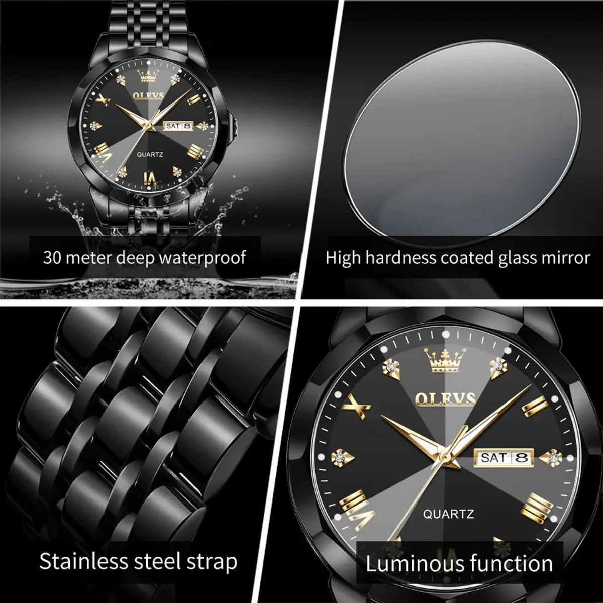 OLEVS 9931 Quartz Watch For Men Rhombus Mirror Stainless Steel Waterproof Date Week Clock Simplicity Luxury Men's Wristwatch- Black