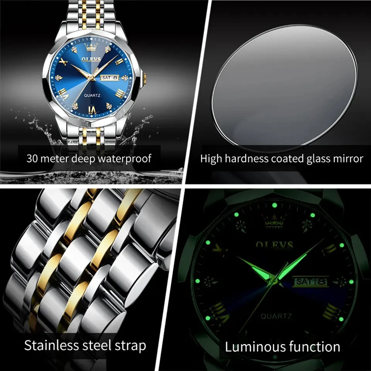 OLEVS 9931 Quartz Watch For Men Rhombus Mirror Stainless Steel Waterproof Date Week Clock Simplicity Luxury Men's Wristwatch- Blue