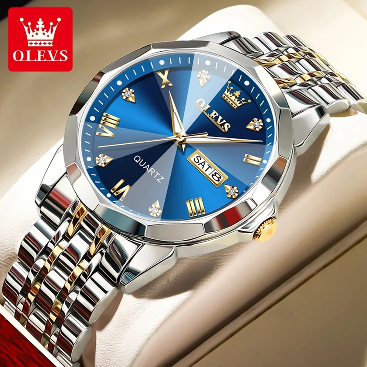 OLEVS 9931 Quartz Watch For Men Rhombus Mirror Stainless Steel Waterproof Date Week Clock Simplicity Luxury Men's Wristwatch- Blue