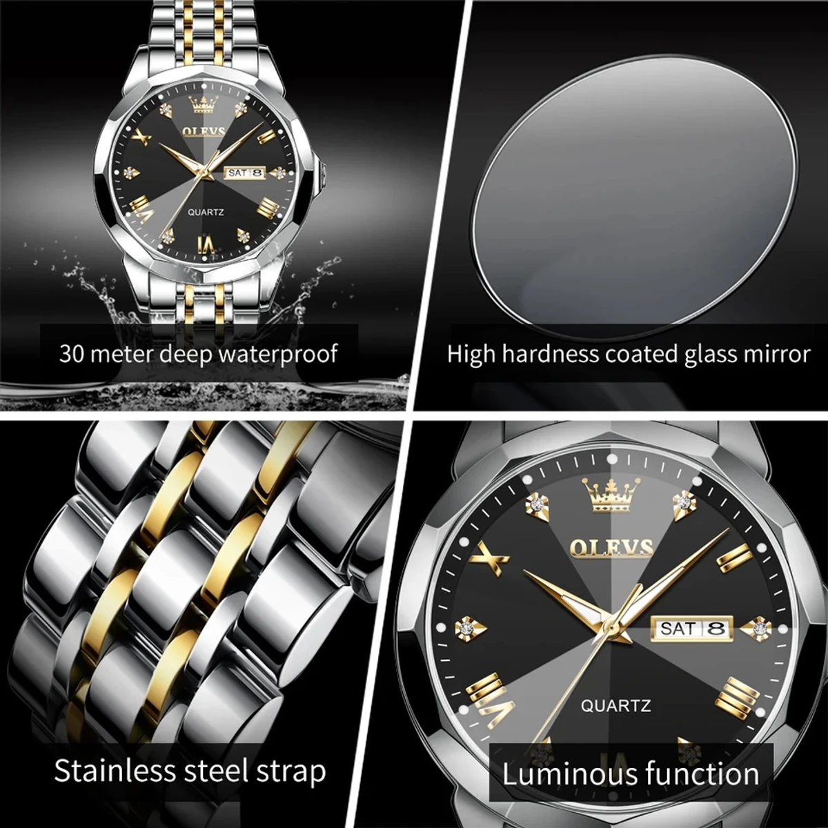 Combo Couple watch 2 pcs 2025 New Luxury OLEVS MODEL 9931 Watch for Men Stainless Steel Waterproof Watches UNISEX- Silver & Black
