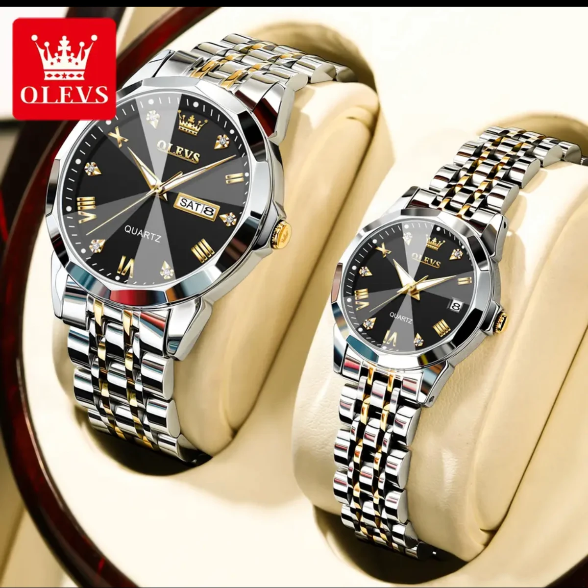 Combo Couple watch 2 pcs 2025 New Luxury OLEVS MODEL 9931 Watch for Men Stainless Steel Waterproof Watches UNISEX- Silver & Black