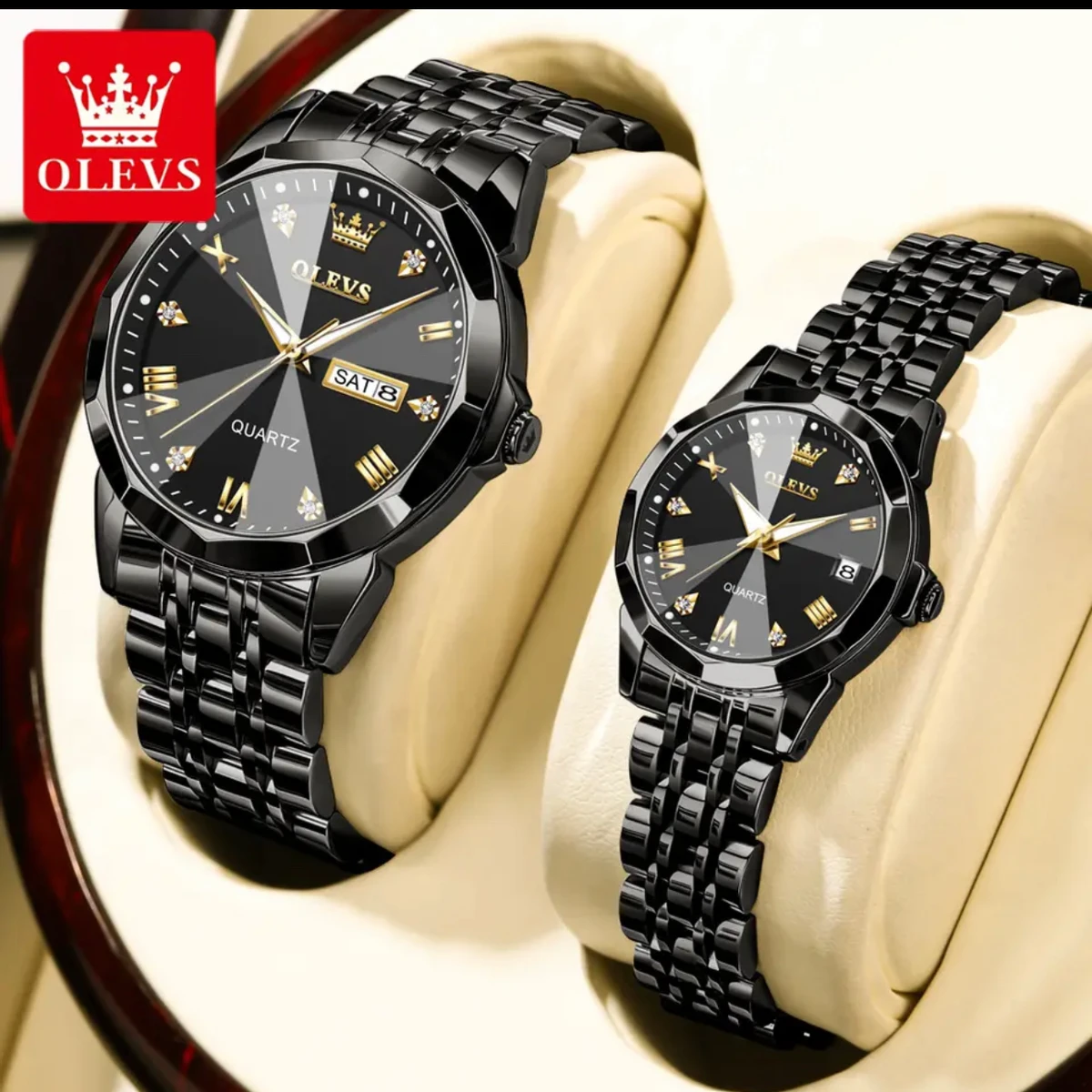 Combo Couple watch 2 pcs 2025 New Luxury OLEVS MODEL 9931 Watch for Men Stainless Steel Waterproof Watches UNISEX- Black