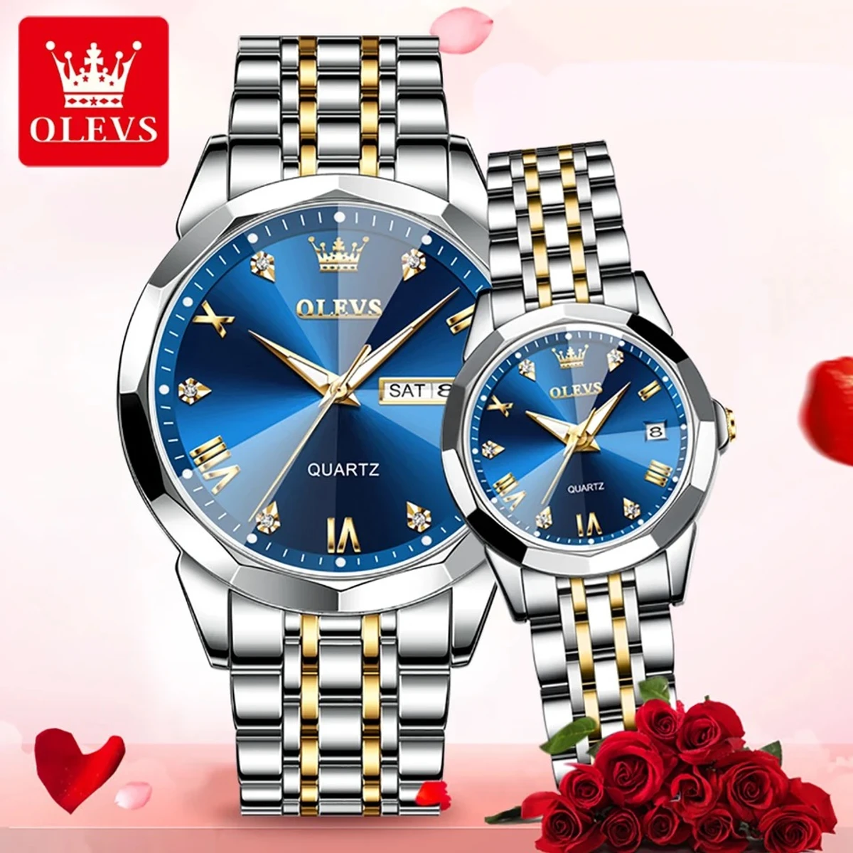 Combo Couple watch 2 pcs 2025 New Luxury OLEVS MODEL 9931 Watch for Men Stainless Steel Waterproof Watches UNISEX- Blue