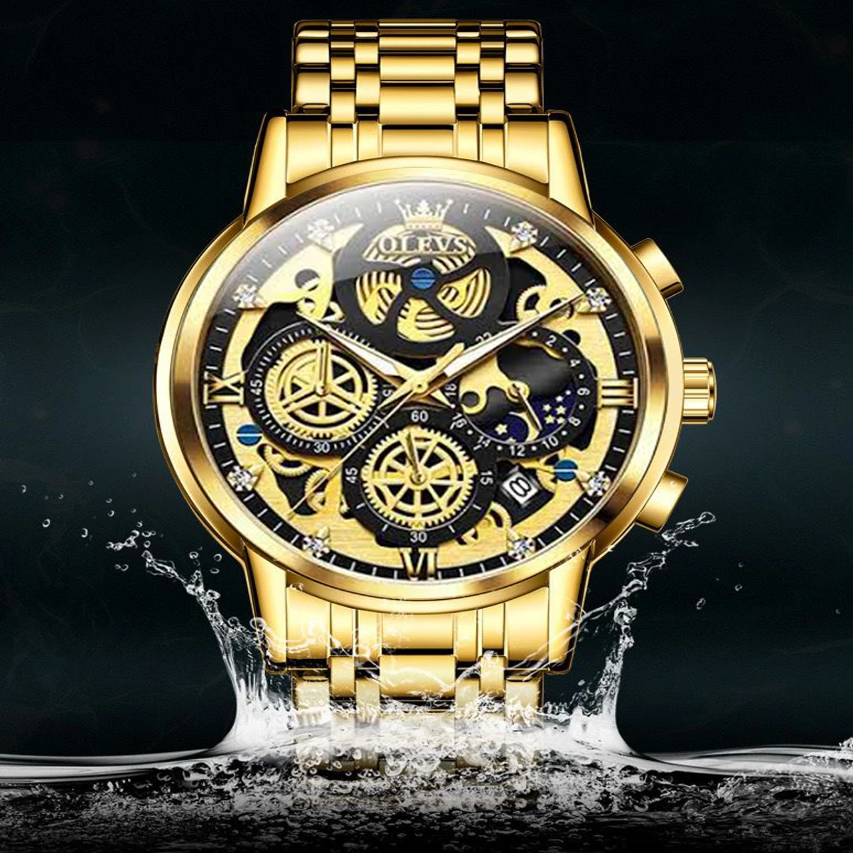 Luxury Binbond Day authentic men's watch waterproof night light calendar watch men's quartz watch ceiling glass- Black & Golden