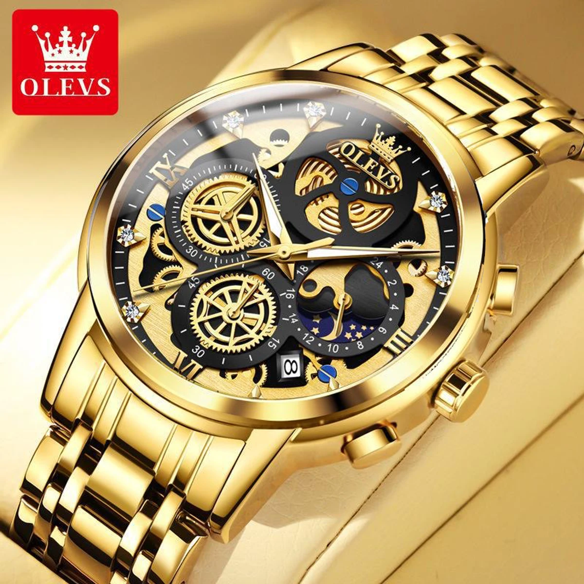 Luxury Binbond Day authentic men's watch waterproof night light calendar watch men's quartz watch ceiling glass- Black & Golden