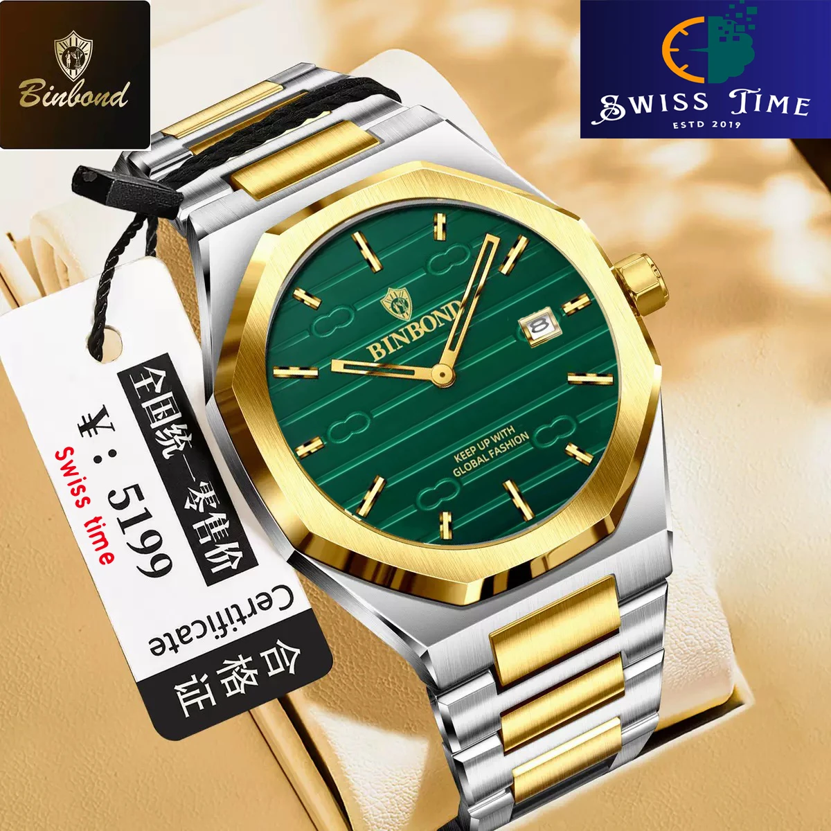 BINBOND 818 Brand Casual Men's Quartz Watch Octagonal Waterproof Night Light Luxurious And Fashionable Men's Quartz Watch- Green & Golden