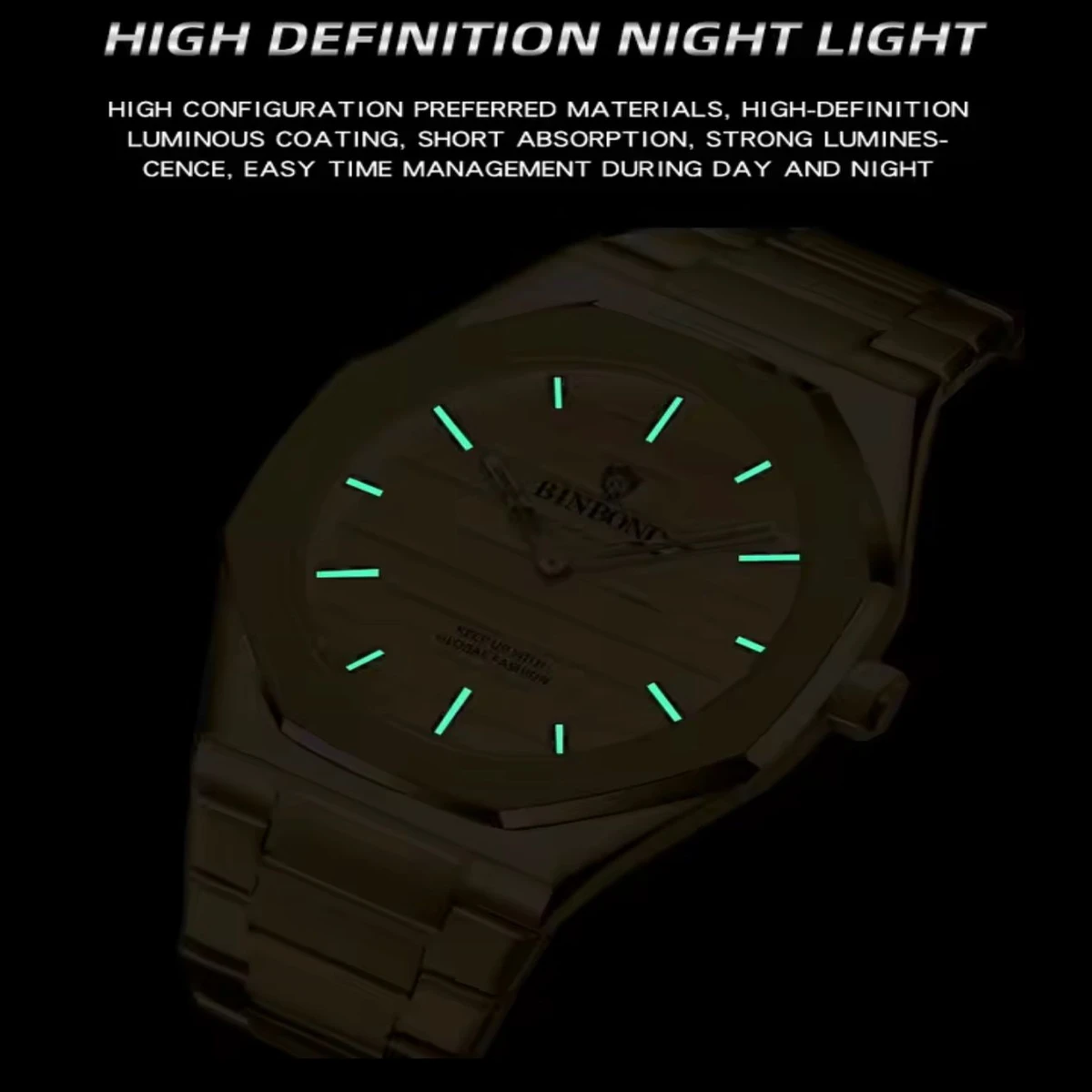 BINBOND 818 Brand Casual Men's Quartz Watch Octagonal Waterproof Night Light Luxurious And Fashionable Men's Quartz Watch- Golden