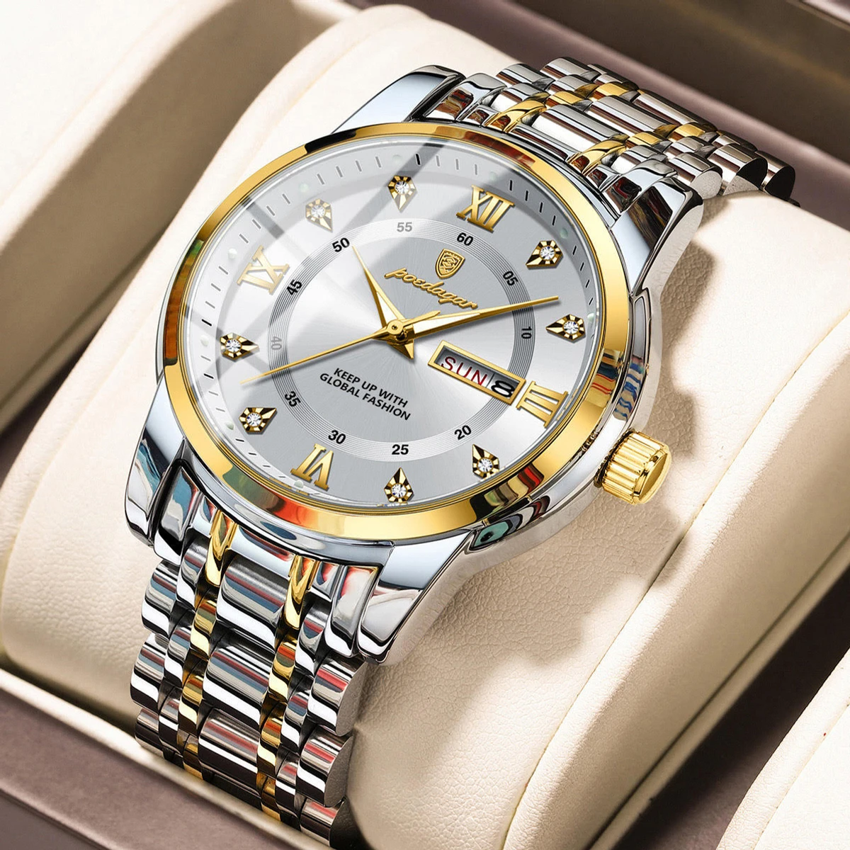POEDAGAR Luxury Watch for Man Elegant Date Week Waterproof Luminous Men Watch Quartz Stainless Steel Sports Men's Watches- Silver & Golden