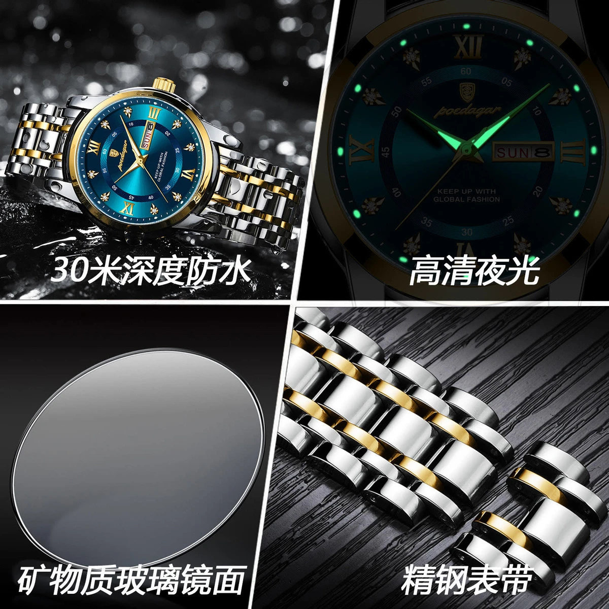 POEDAGAR Luxury Watch for Man Elegant Date Week Waterproof Luminous Men Watch Quartz Stainless Steel Sports Men's Watches- Black & Silver