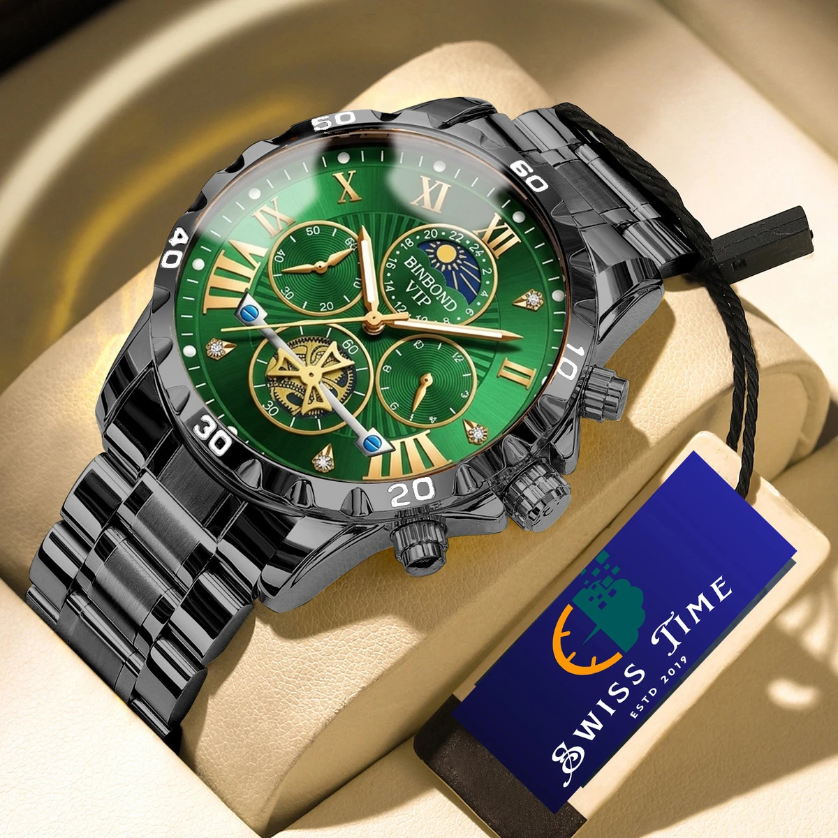 BINBOND W177 Top Brand Men Watch High end Authentic Business Night Light Waterproof Flywheel Gold Steel Belt Male Fashion Quartz Wristwatch- Black & Green