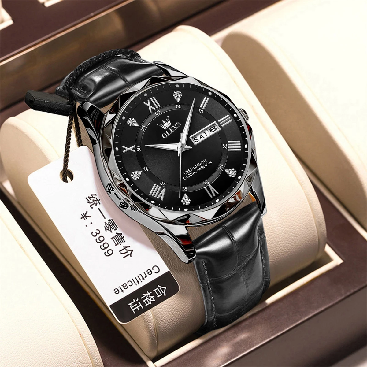 OLEVE Belt New Fashion Blue Quartz Watch for Men High Quality Leather Waterproof Luminous Date Week Mens Watches Top Brand Luxury-  Black