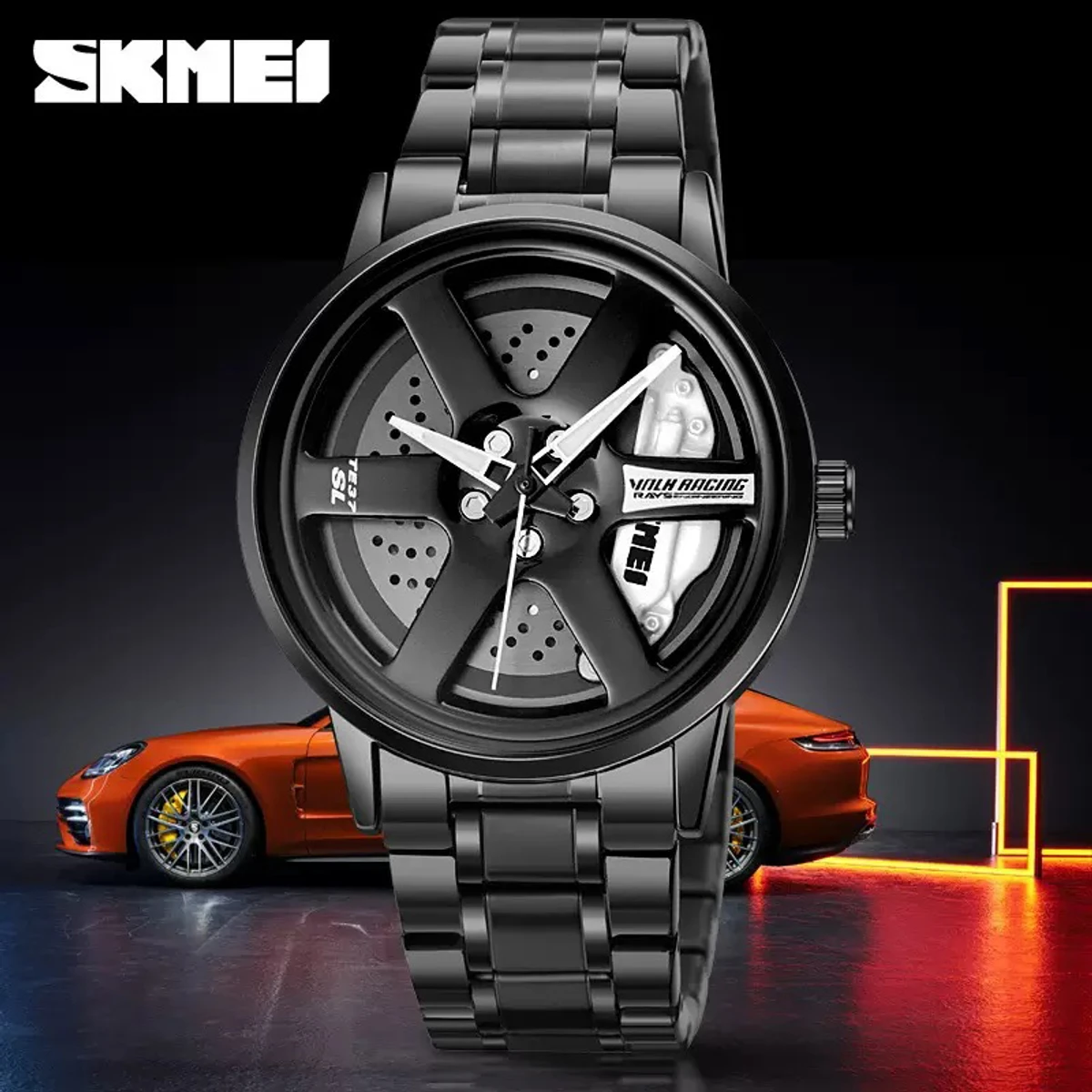 New 3D Real Man Waterproof Rotate Quartz Watches Super Car Rim Spinning Men's Sports 360 Wheel Wristwatch For Men Clock- Silver & Black