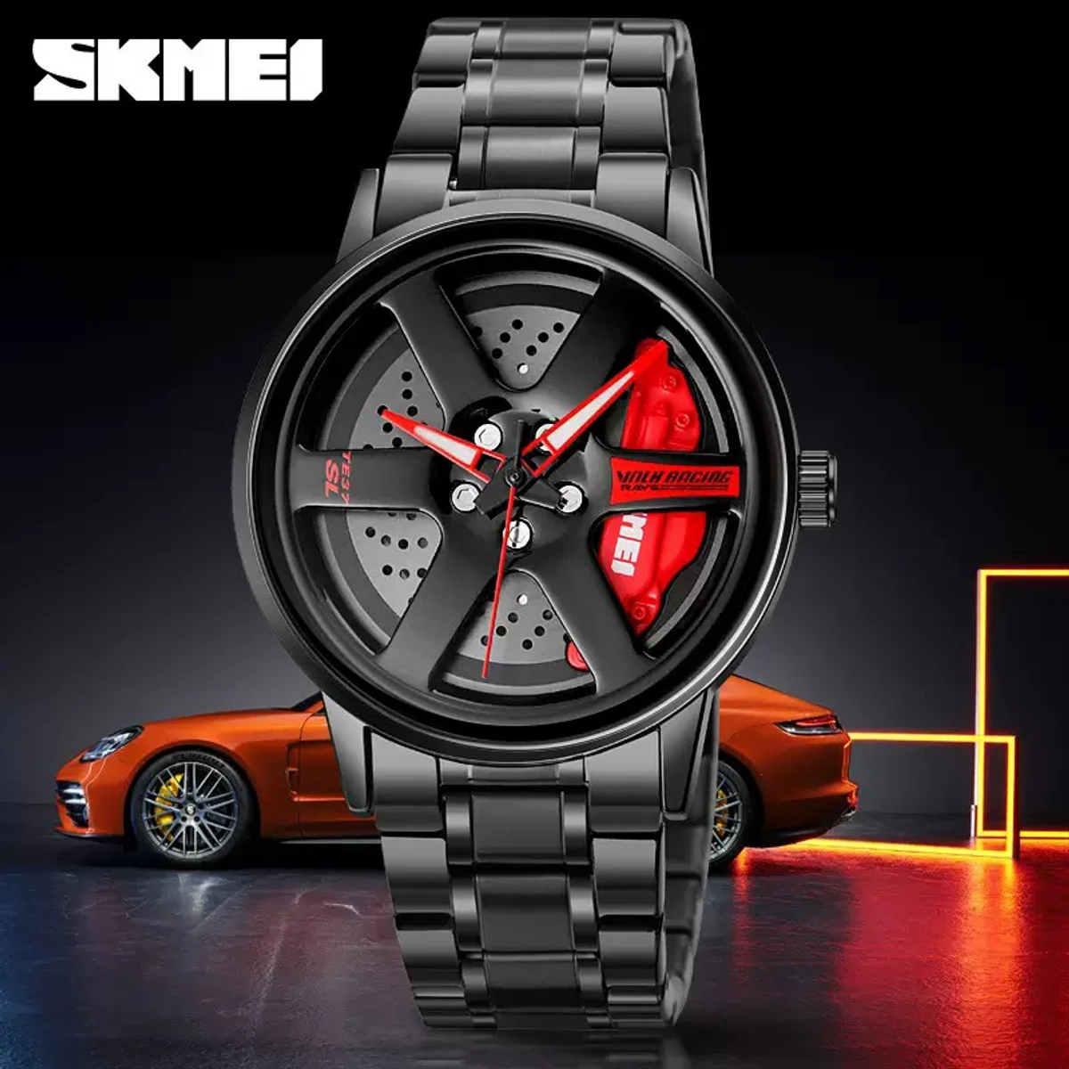 New 3D Real Man Waterproof Rotate Quartz Watches Super Car Rim Spinning Men's Sports 360 Wheel Wristwatch For Men Clock- Red & Black