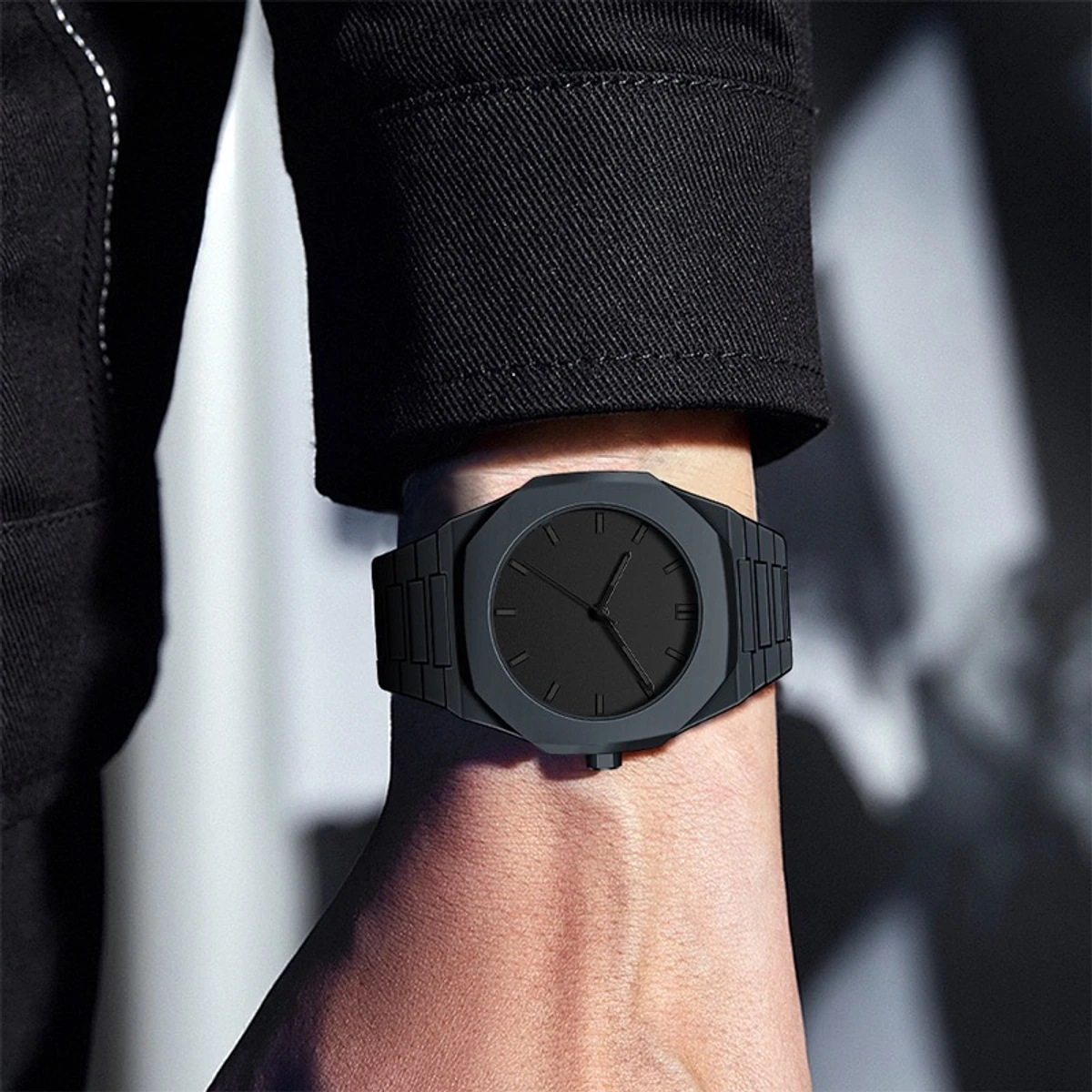 Arabic Digital Plastic Carbon Fiber body Strap Quartz Men's Watch Casual Waterproof - Black