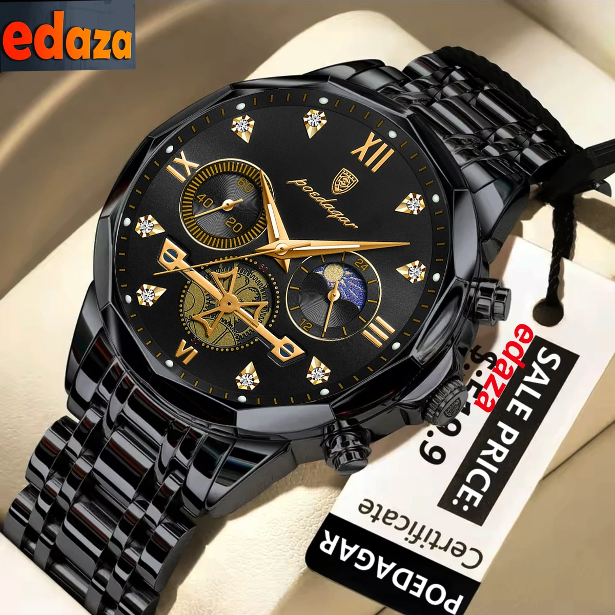 Poedagar con New Luxury Watch For Men Stainless Steel Waterproof Business Sport Wristwatches- Black