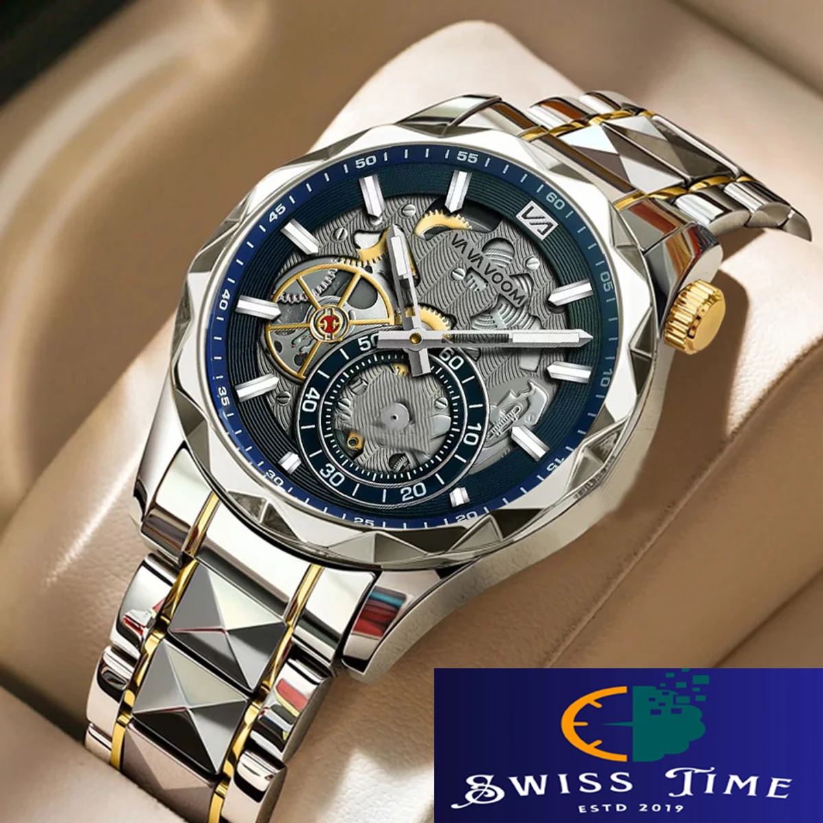 VAVA VOOM H86 Men Watch High End Business Waterproof Creative Double Calendar High Quality Steel Strip Male Fashion Quartz Clock Watches - Silver & Blue
