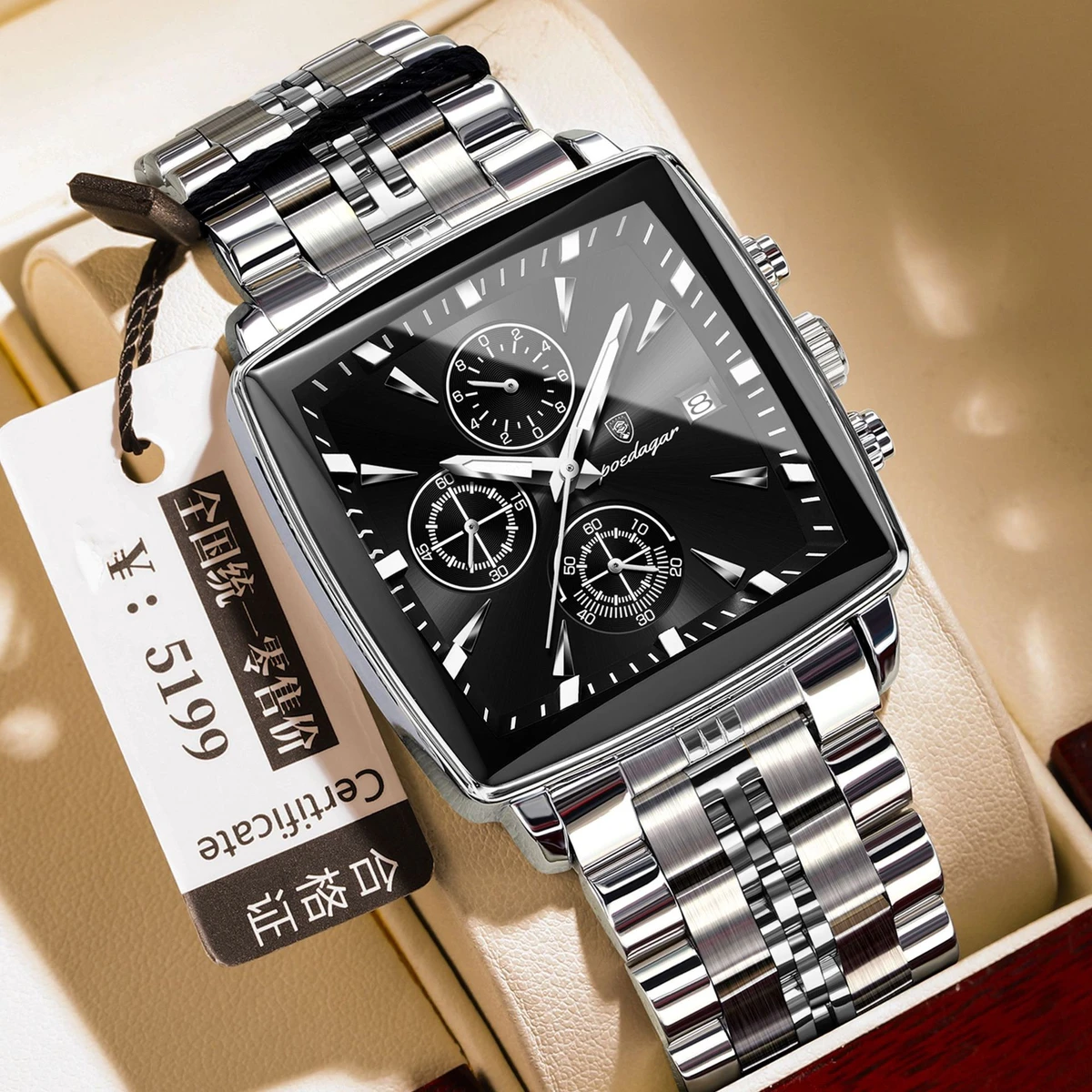 POEDAGAR 866 Luxury Business Man Wristwatch Non active Chronograph Waterproof Luminous Calendar Watch For Men Square Quartz Men's Watches - Silver & Black