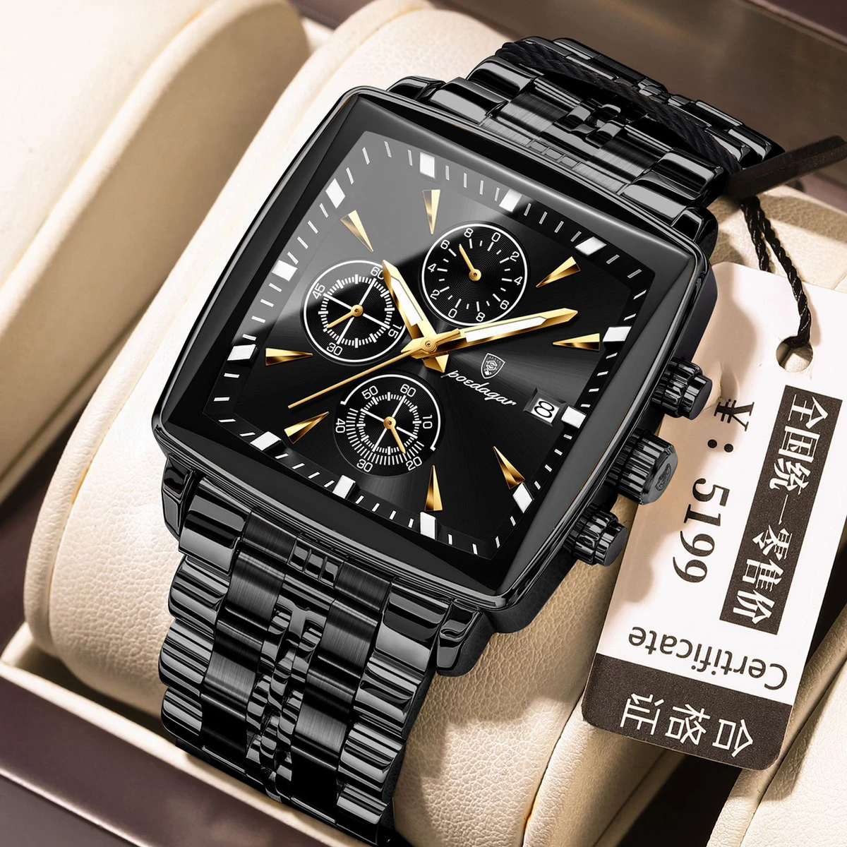 POEDAGAR 866 Luxury Business Man Wristwatch Non active Chronograph Waterproof Luminous Calendar Watch For Men Square Quartz Men's Watches - Black