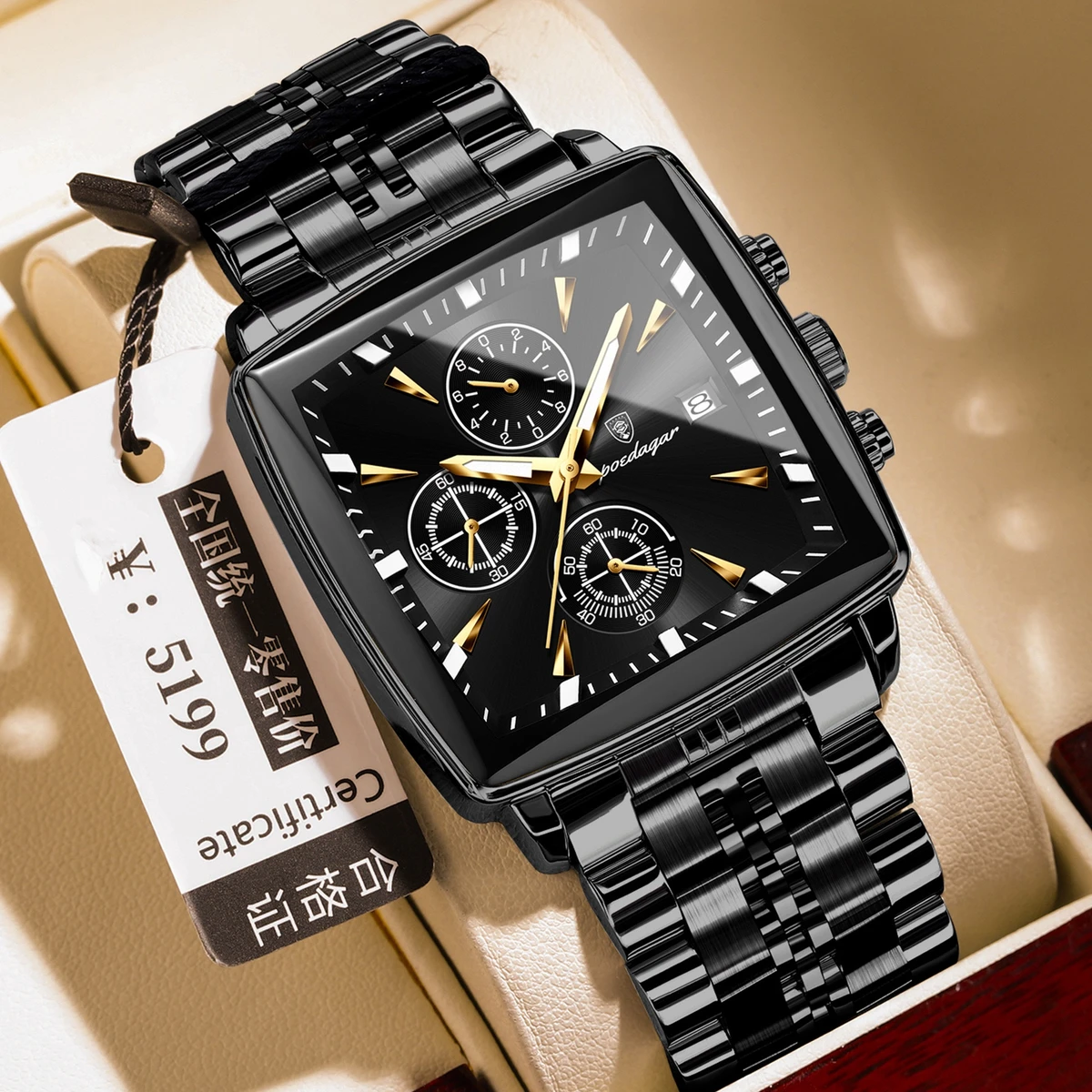 POEDAGAR 866 Luxury Business Man Wristwatch Non active Chronograph Waterproof Luminous Calendar Watch For Men Square Quartz Men's Watches - Black